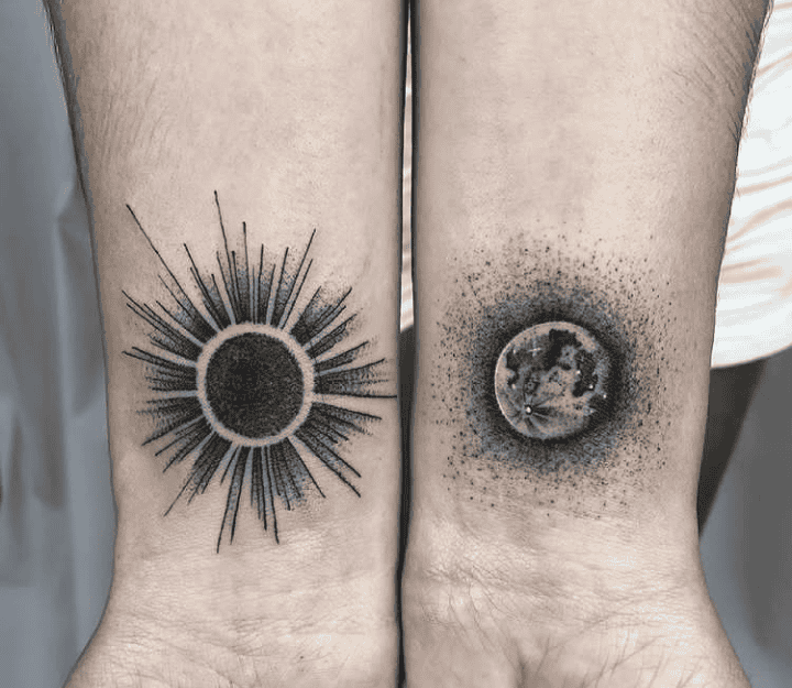 Black Dotwork Sun And Moon Tattoo