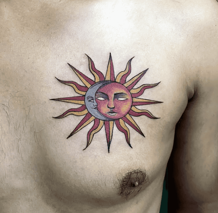 Colorful Sun And Moon Chest Tattoo