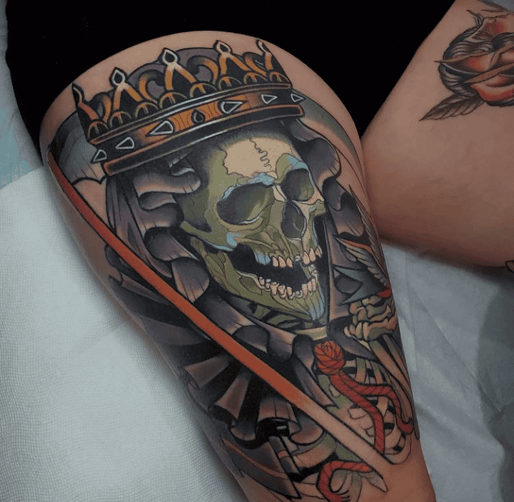 Crowned Grim Reaper Leg Tattoo