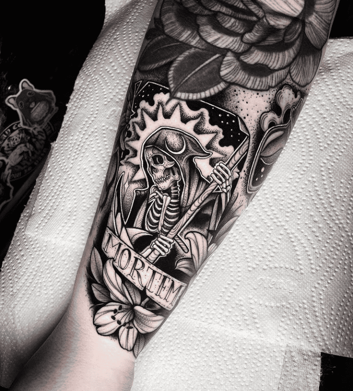 Grim Reaper ‘Mortem’ Quote Tattoo