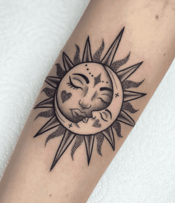 Intertwined Sun And Moon Faces Tattoo