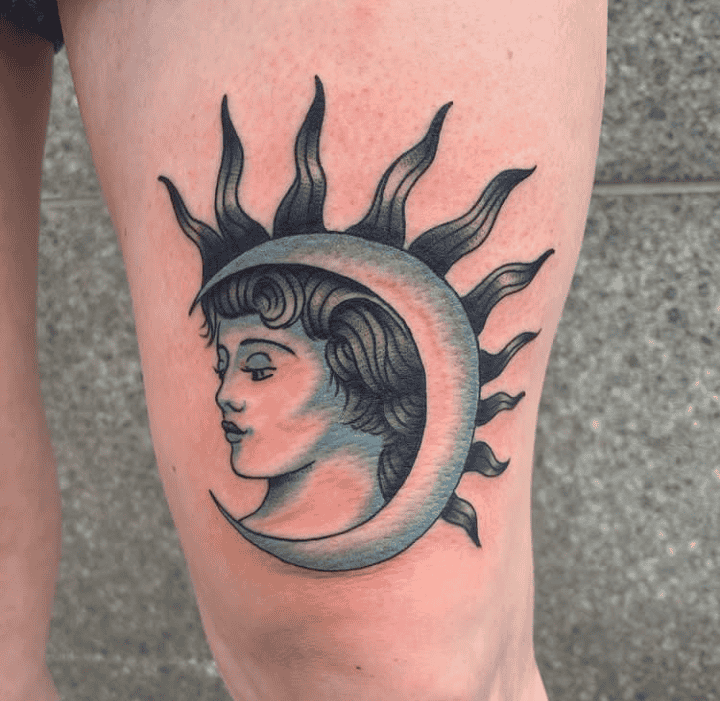 Sun And Moon Thigh Tattoo