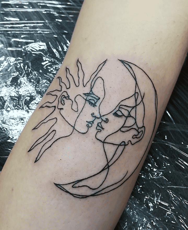 The Lovers Sun And Moon Linework Tattoo