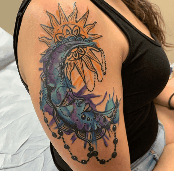 Watercolor Style Sun And Moon Tattoo