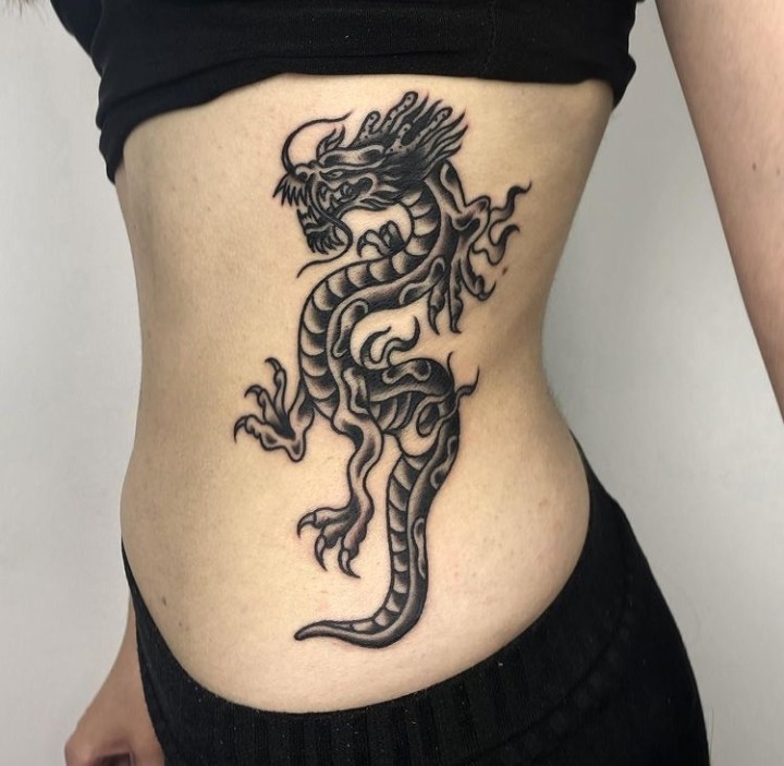 Black Dragon Tattoo on Ribs