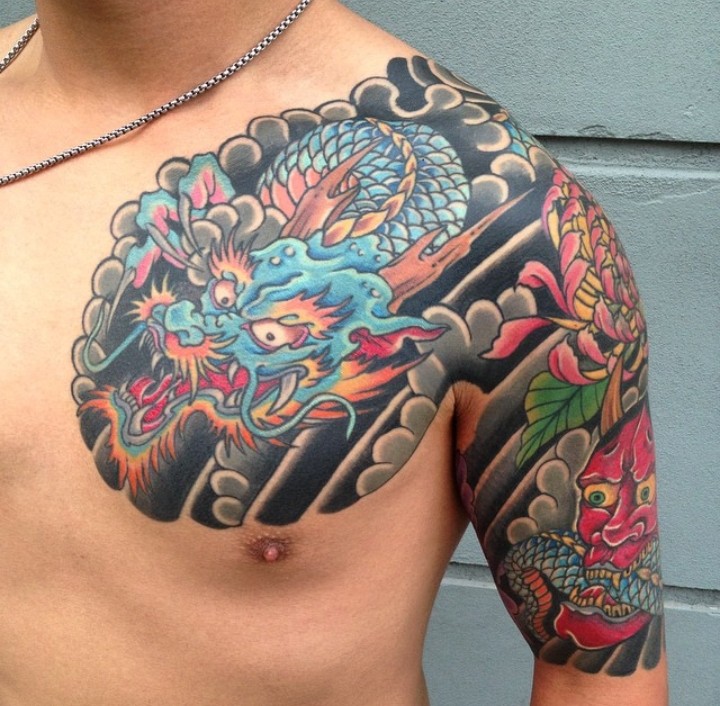 Pectoral & Half Sleeve Dragon Tattoo