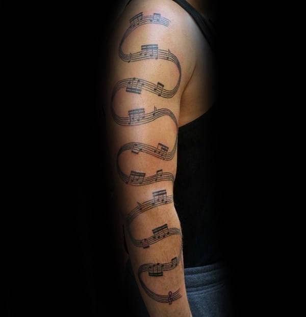 Full Arm Musical Note Tattoo Design