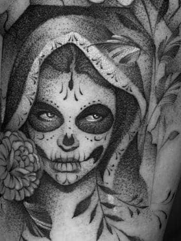 La Llorona Skull and Flower Tattoo